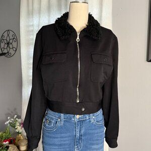Vintage faux Fur Collar Cropped Bomber Jacket